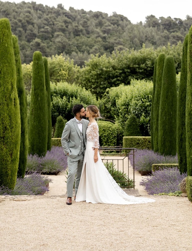 Just married couple in French formal garden — fine art wedding portraits with lavender in Provence
