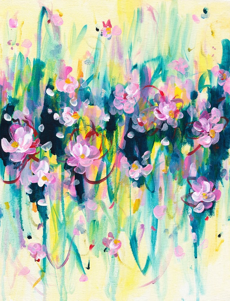 pink abstract flowers on a yellow background from saara tani's art collection summer garden