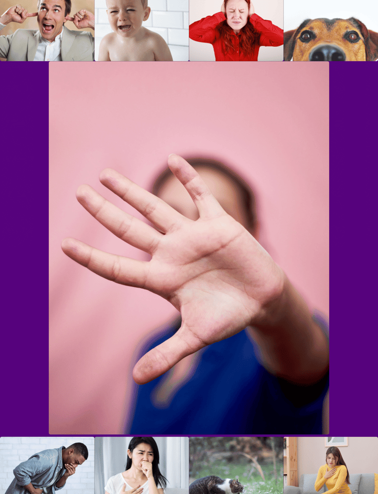 Un collage de photos avec des personnes se bouchant les oreilles et se cachant les yeux.