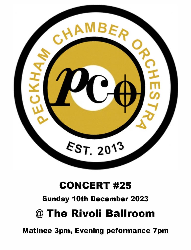 Peckham Chamber Orchestra programme cover for concert #25 on Sunday 10th December 2023