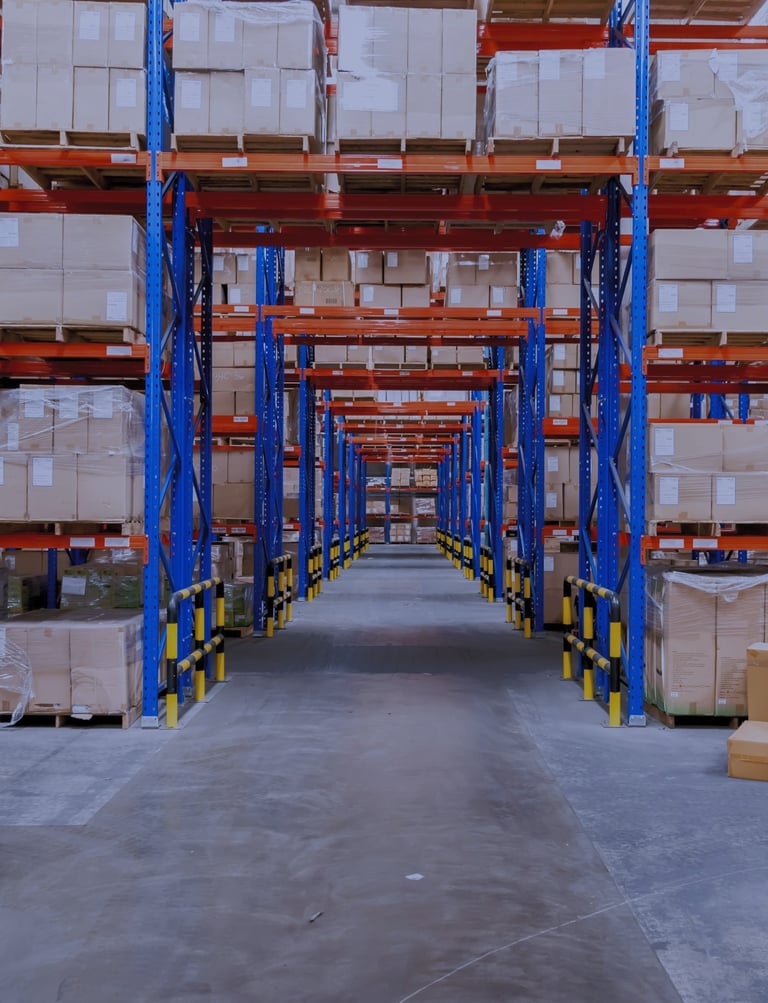 warehouse pallet racking with bridge bays storing boxes