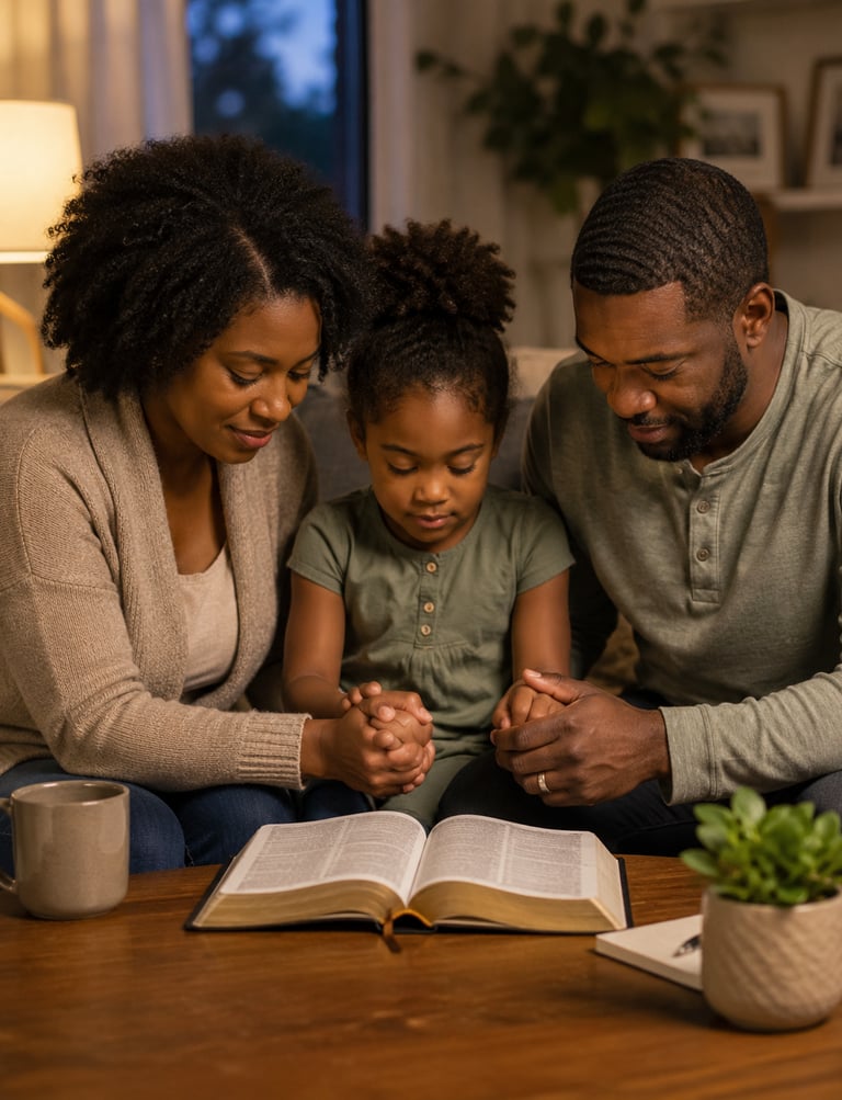 A Black family sits together praying with an open Bible on a wooden coffee table at home.