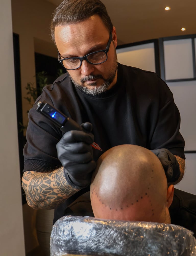 séance de micropigmentation capillaire sur quelqu'un qui a une chute de cheveux