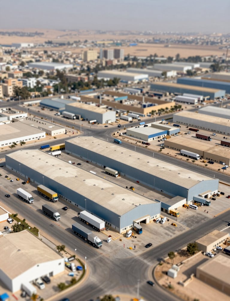 An aerial view of an Egyptian industrial zone, featuring modern factory buildings and logistics trucks. Crisp, professional photography with a focus on scale and efficiency.