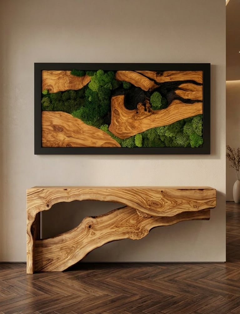 Organic wood console table with biophilic wall art in a warm modern interior.