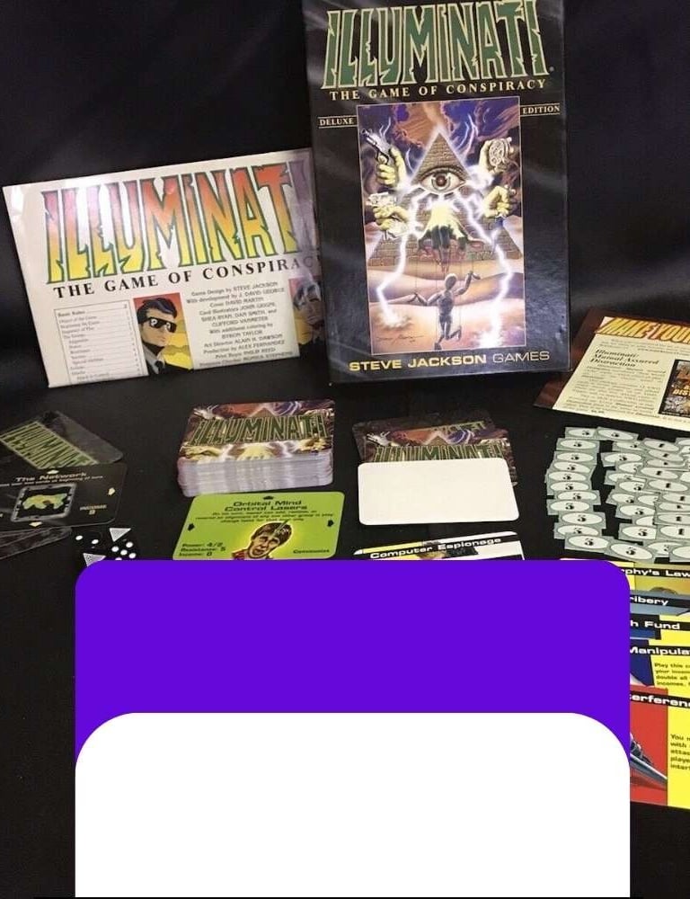 Jogo de cartas illuminati aberto, mostrando o manual de regras, as cartas e as fichas de dinheiro