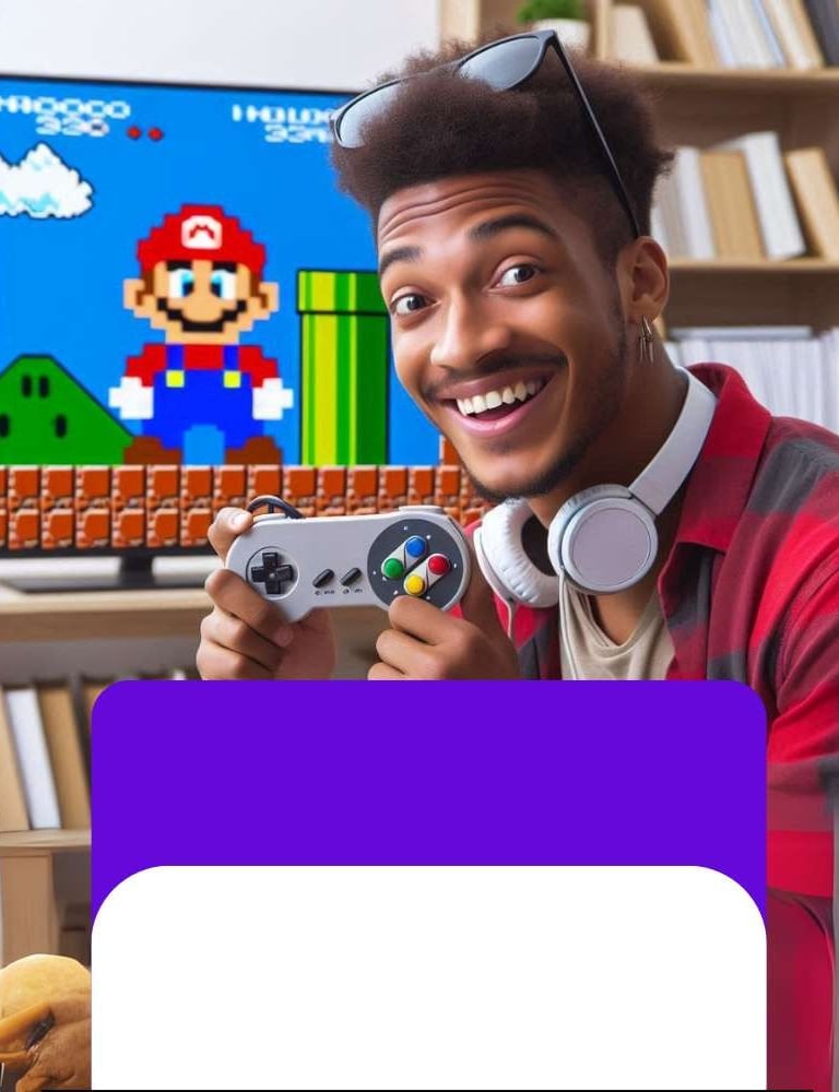 Jogos Retrô retrogames (Jovem negro sorrindo segurando controle e jogo Mario na tela do pc no fundo)
