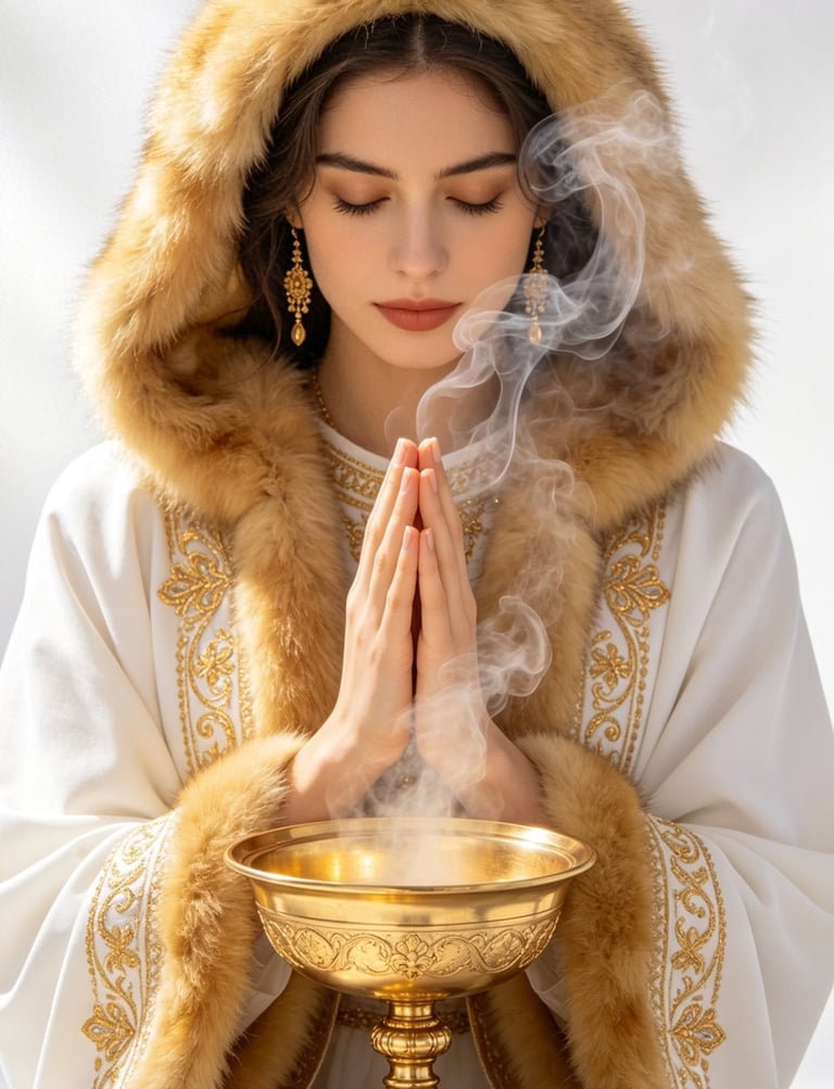 A woman in a white fur-trimmed robe praying over a smoking golden incense bowl.