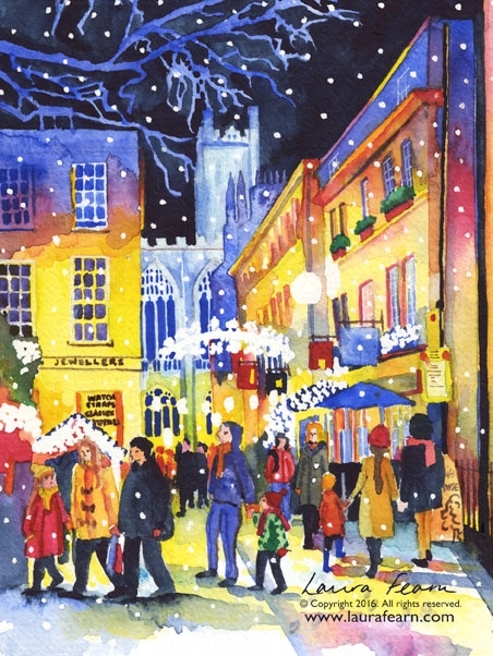 Abbey Green Bath, at Christmas. Painted by Laura Fearn