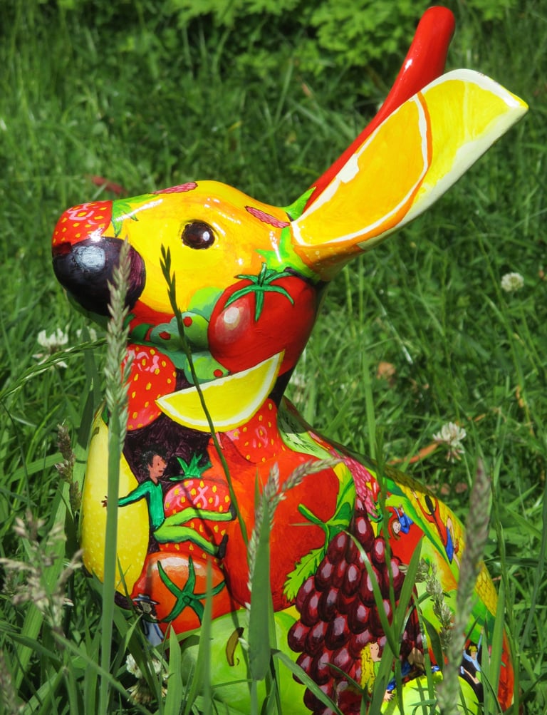 Hare sculpture painted with fruit and vegetables by Laura Fearn