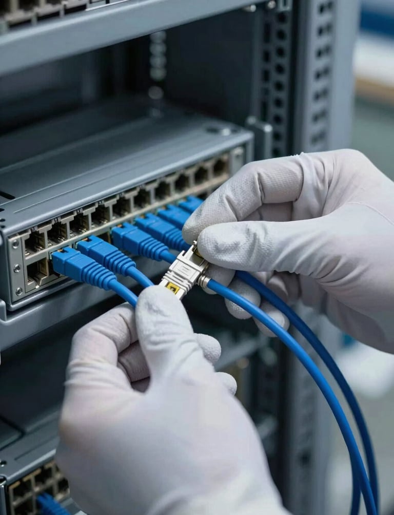 Close-up of a network engineer's hands wearing static-safe gloves, precisely routing a blue fiber optic patch cable into a clean rack panel, low-key technical lighting.