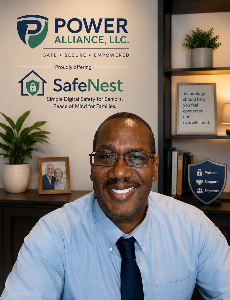 Smiling Power Alliance consultant promoting SafeNest digital safety and security for seniors.