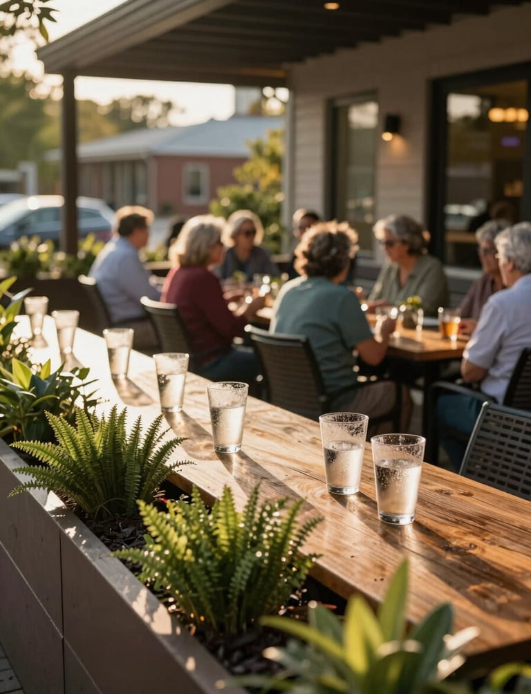 Wide shot of a sunlit Edwardsville patio, golden afternoon light catching condensation on glasses, a group of residents at a wooden table in the background, lush planters framing the edge, warm and relaxed atmosphere
