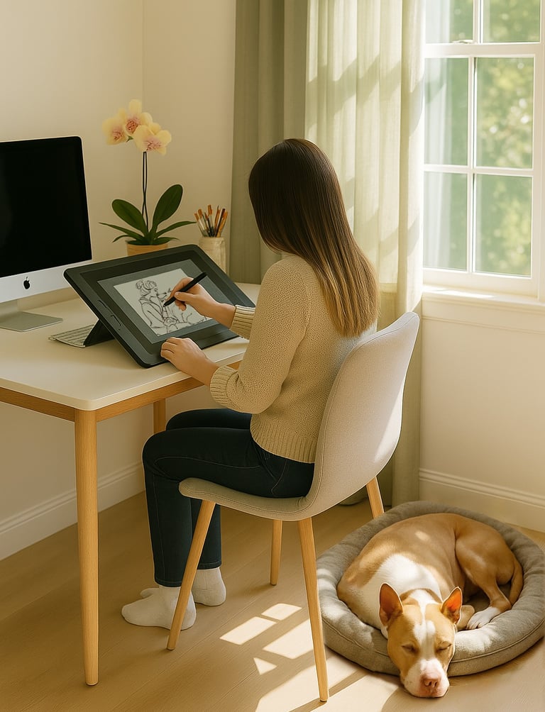 Young woman photo drawing on tablet with pet dog children's book illustrator best in new jersey 