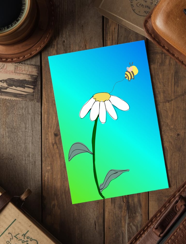 Daisy and Bee Postcard on desk