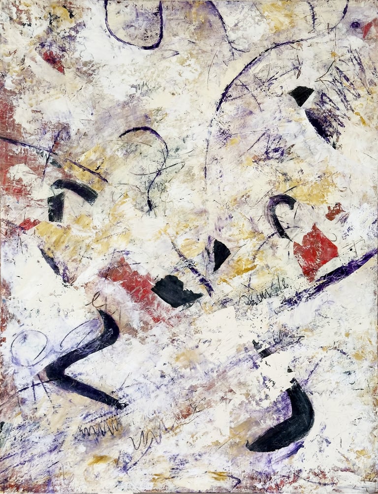 Abstract expressionist painting with textured white brushstrokes, purple swirls, and black calligraphy shapes.
