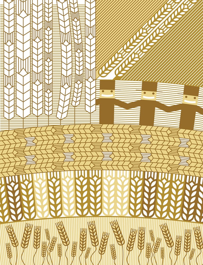 Geometrical illustration for the book. Beer colors, people, abstract fields.