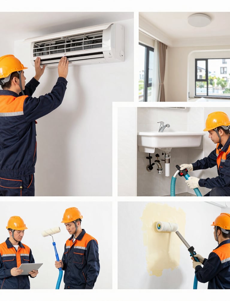 A modern glass building facade with a grid pattern is shown. Two workers are performing maintenance or cleaning on a suspended platform, positioned near a large structural beam that intersects with the building's surface.