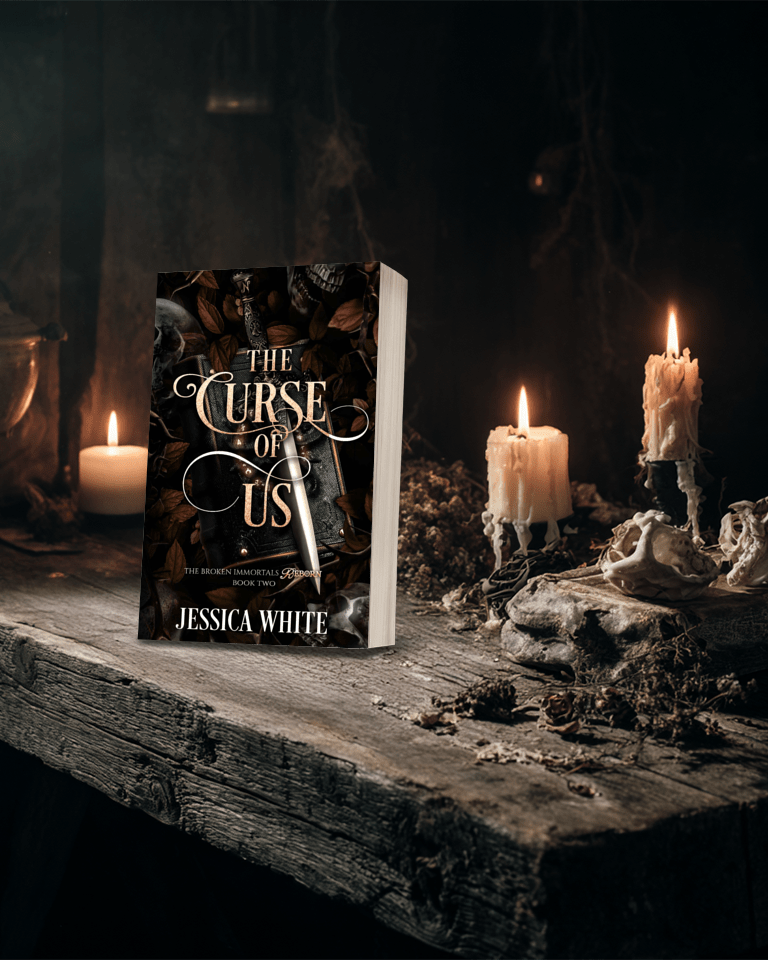 Dark fantasy romance cover for The Curse of Us (Broken Immortals Reborn series) by Jessica White, wi