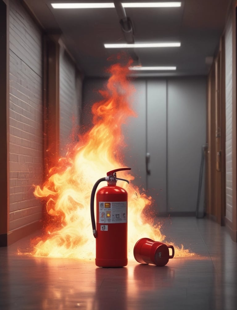 Technician inspecting fire extinguishers and safety equipment in a commercial building.