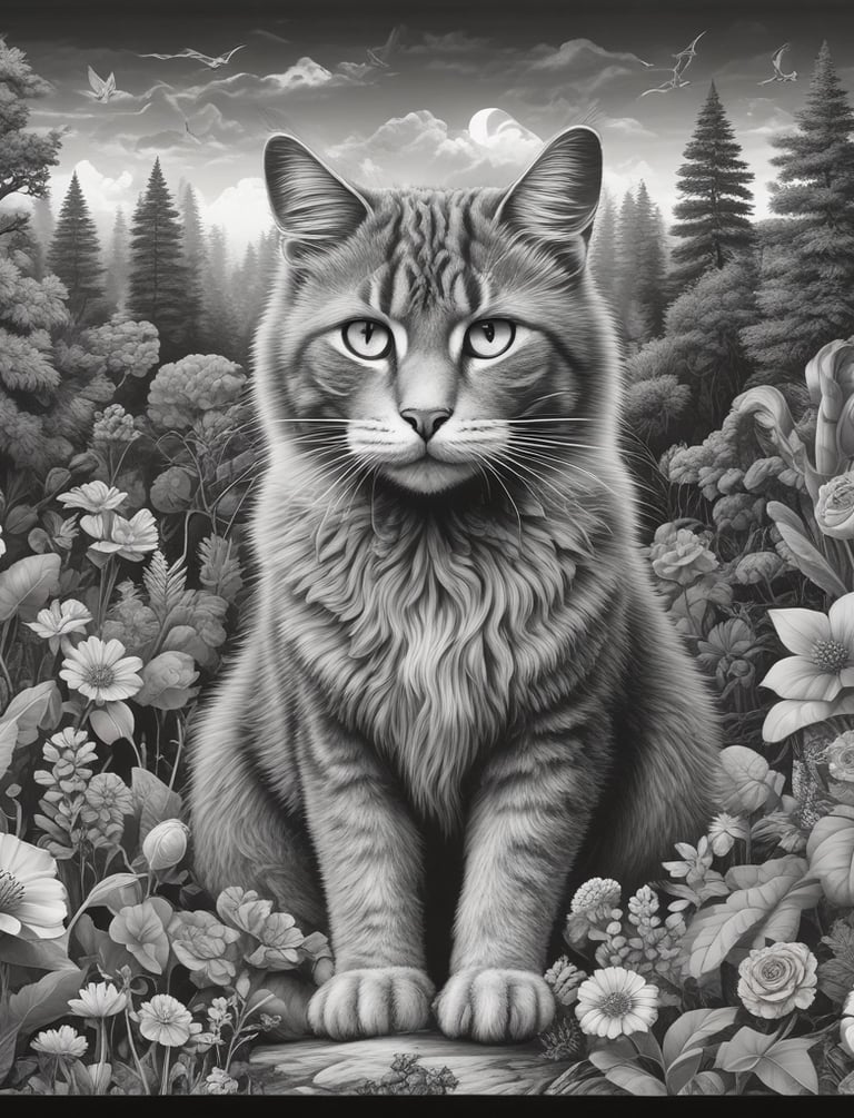 Black and white illustration of a fluffy tabby cat sitting in a lush flower garden with pine trees.