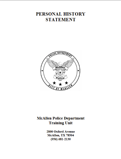 Official Personal History Statement for the McAllen Police Department Training Unit with city seal and contact info.