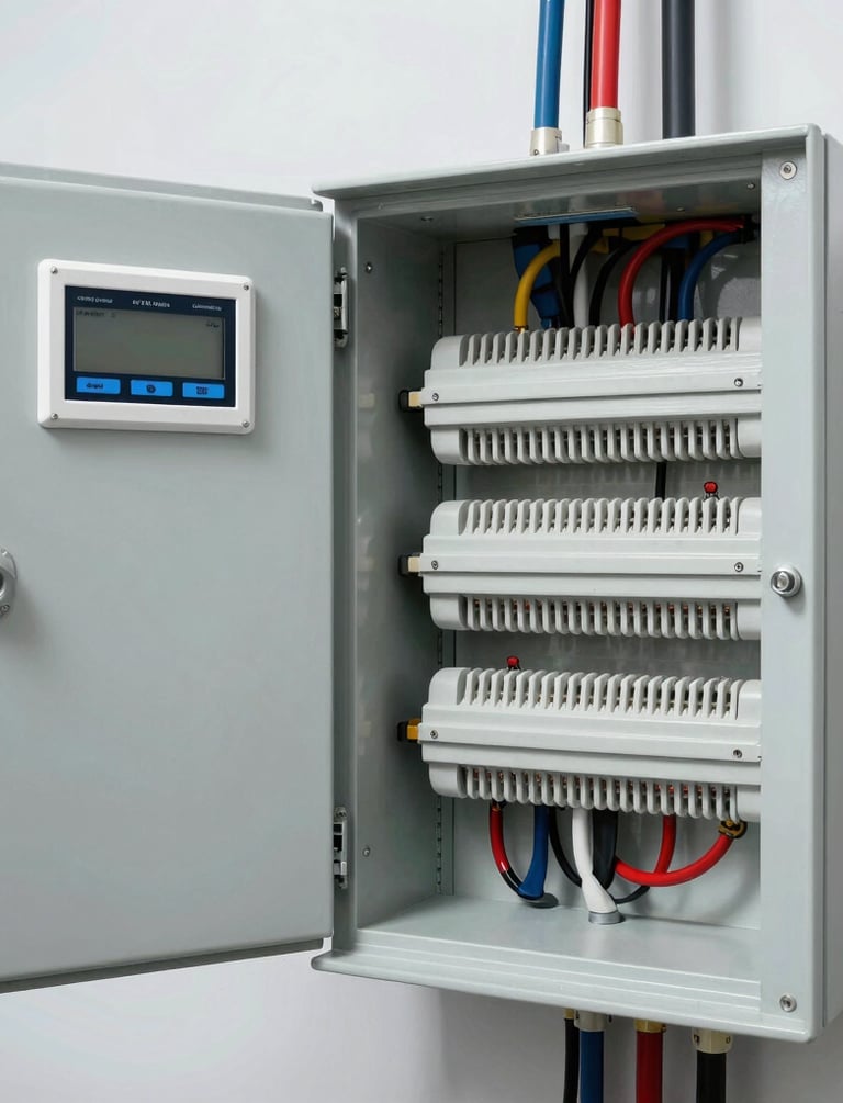 An open electrical panel with a multitude of colorful wires connected to various circuit breakers is mounted on a wall. Tools are placed on a blue workbench, including a multimeter and a screwdriver. A visible checklist is attached to the left panel door.