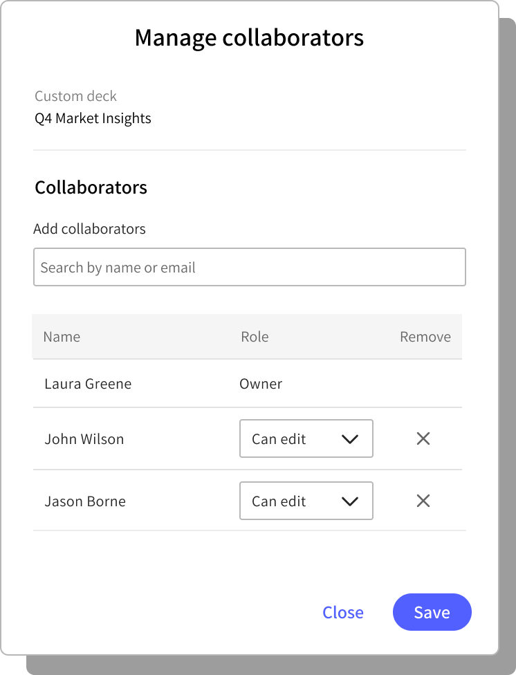 UI for manage collaborators displaying ability to search and assign roles or remove
