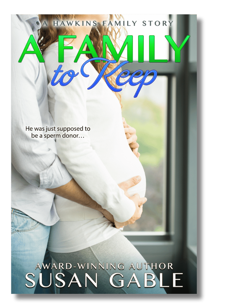 A Family to Keep cover - hero stands behind heroine, hands wrpped tenderly over her pregnant belly