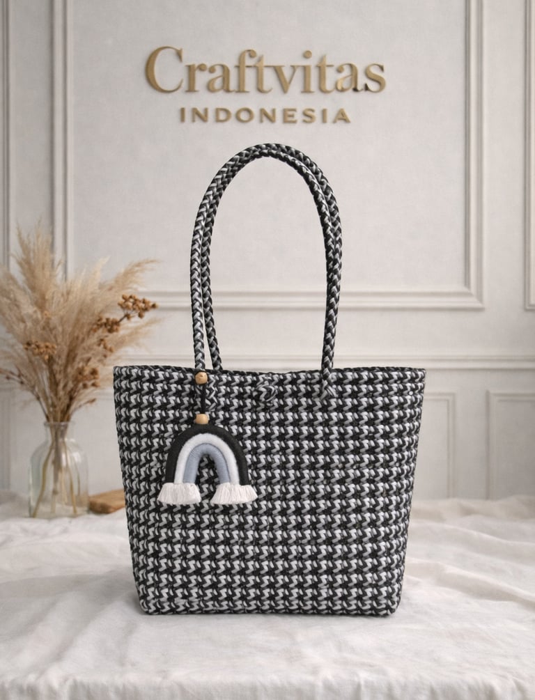 Tas anyaman plastik model sekar hitam putih handmade Craftvitas Indonesia