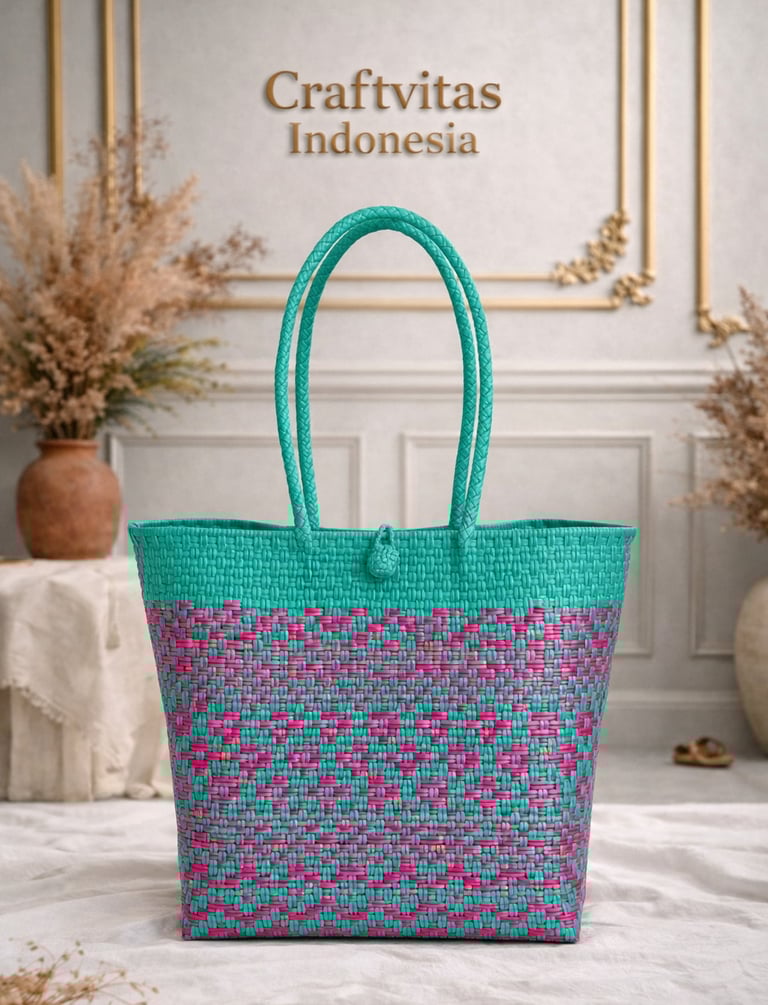 Tas anyaman plastik handmade warna tosca dan pink motif etnik ceria dari Craftvitas Indonesia