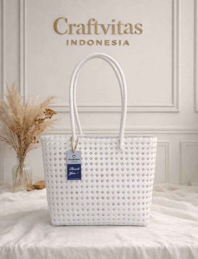 Tas anyaman plastik model sekar warna putih handmade Craftvitas Indonesia
