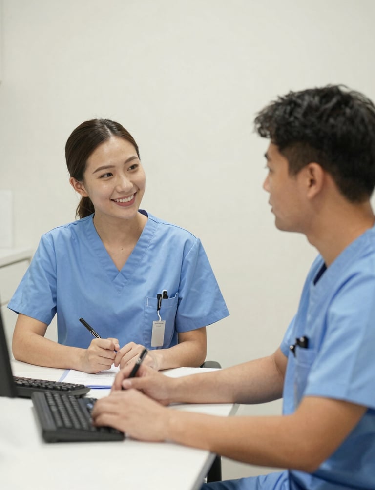 Smiling healthcare team reviewing paperwork together in a bright, minimal clinic setting.