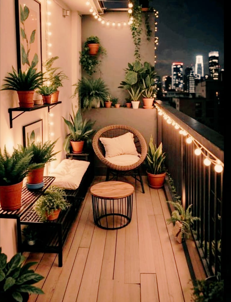 Cozy apartment balcony at night with warm string lights, potted plants, and city skyline views.