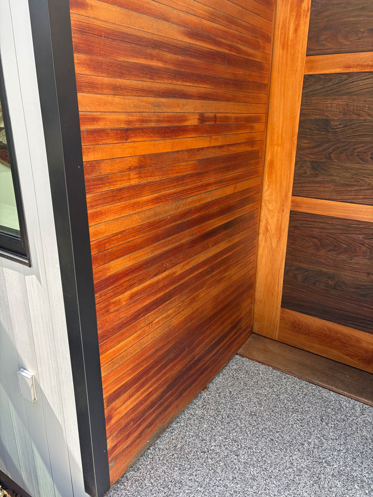 before image of stain refinishing on Nanoose Bay entrance way