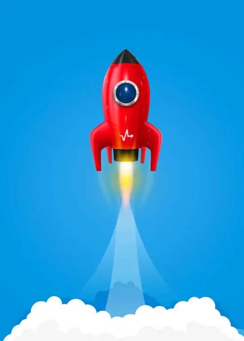 A red rocket with a blue window is launching into a clear blue sky, leaving a trail of smoke and fire behind it as it rises