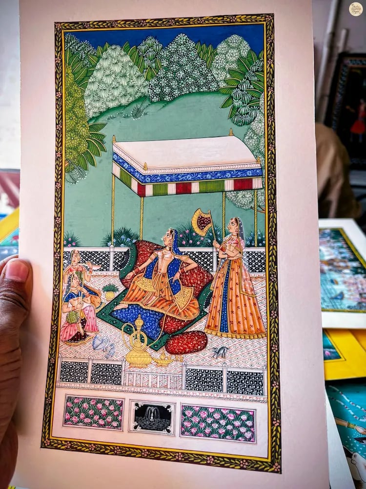 Bundi miniature painting with fine brushstrokes and rich detailing.