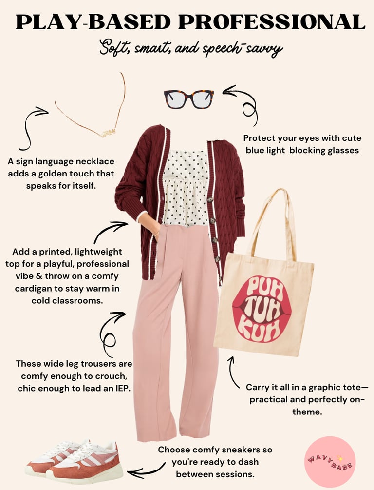 slp outfit idea for back to school with words "play-based professional"