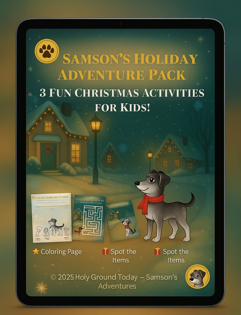 iPad showing Samson’s Holiday Adventure Pack with 3 Christmas activities for kids.