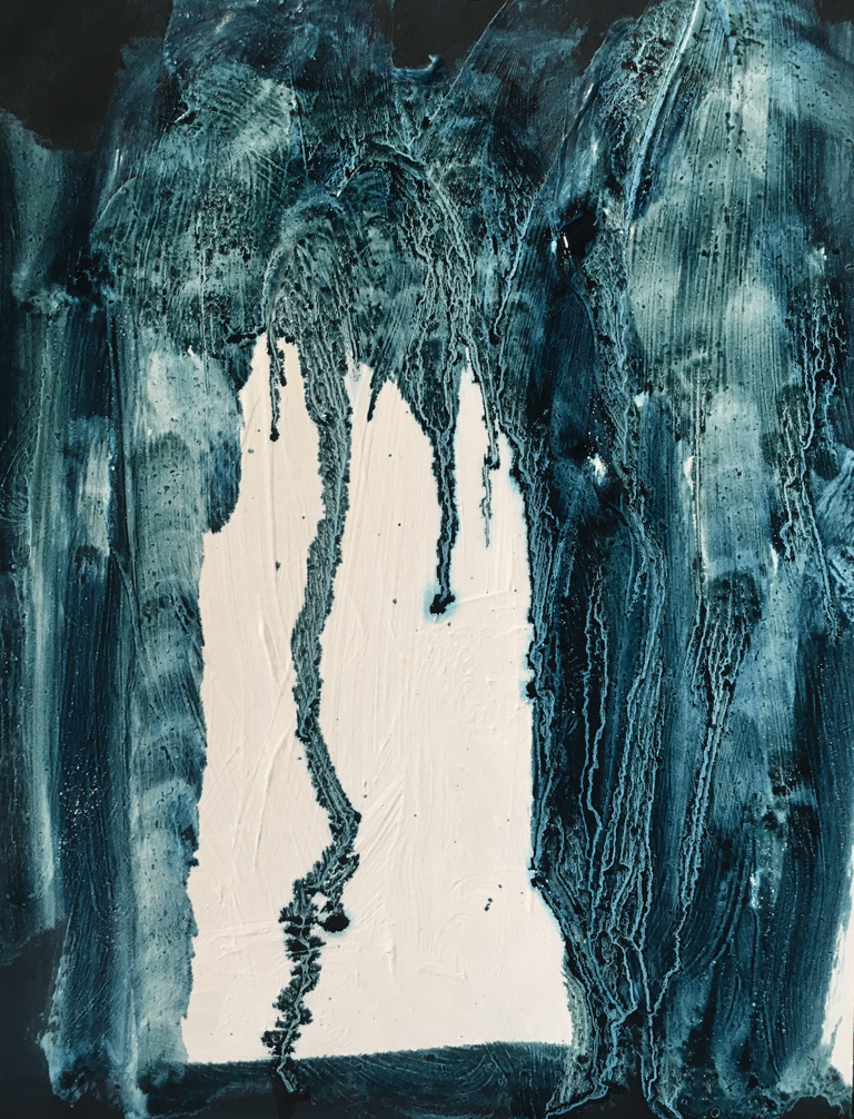 blue abstract brush marks on a textured white background