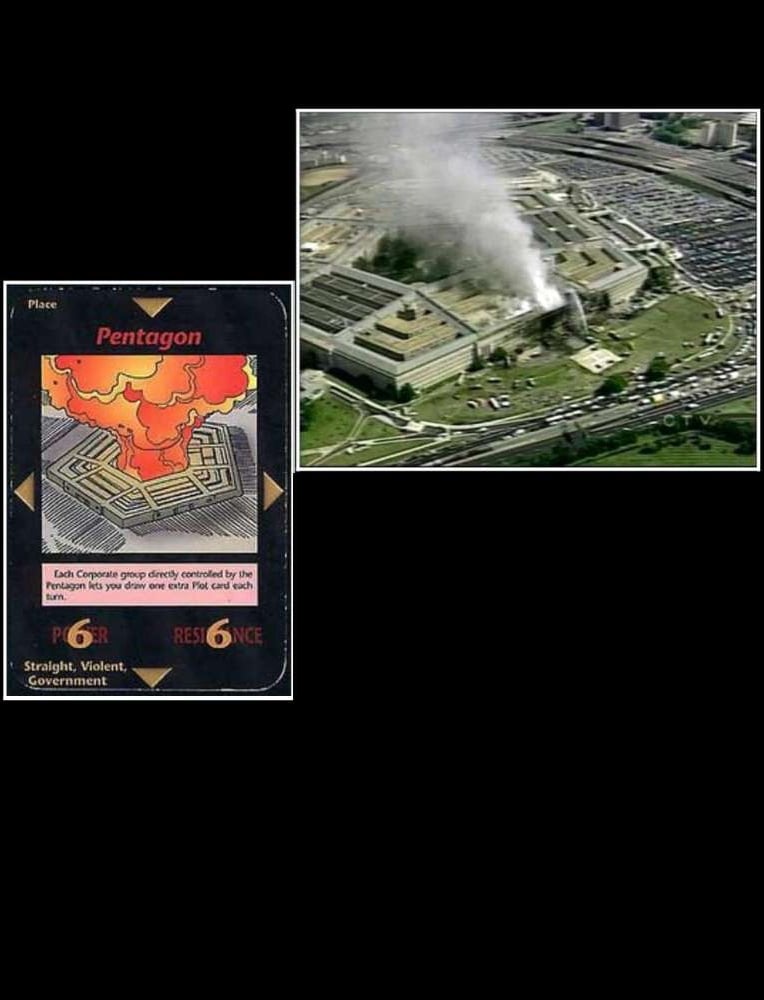 Uma foto de 2001 ao lado da Carta de 1995 mostrando as torres gêmeas e o pentágono pegando fogo no d