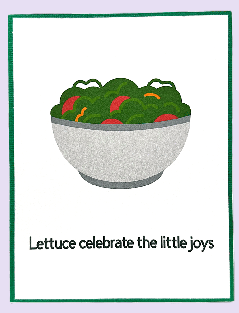 Handmade celebration card with bowl of lettuce and cute pun.