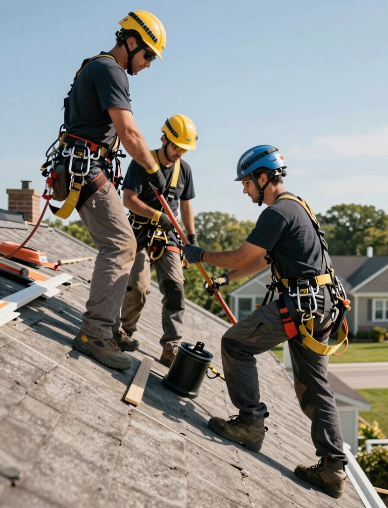 A professional roofing crew in North American work attire, wearing safety harnesses, collaborating on a residential roof replacement during a clear sunny day.