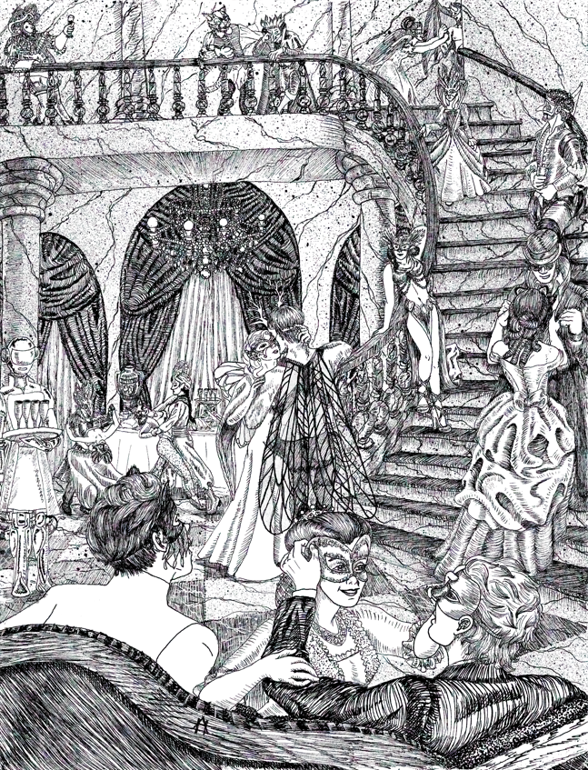 black and white pen and ink illustration Steampunk Victorian masquerade dance party narrative character