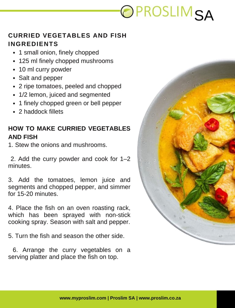 A healthy recipe for curried vegetables and fish haddock fillets in a yellow curry sauce.