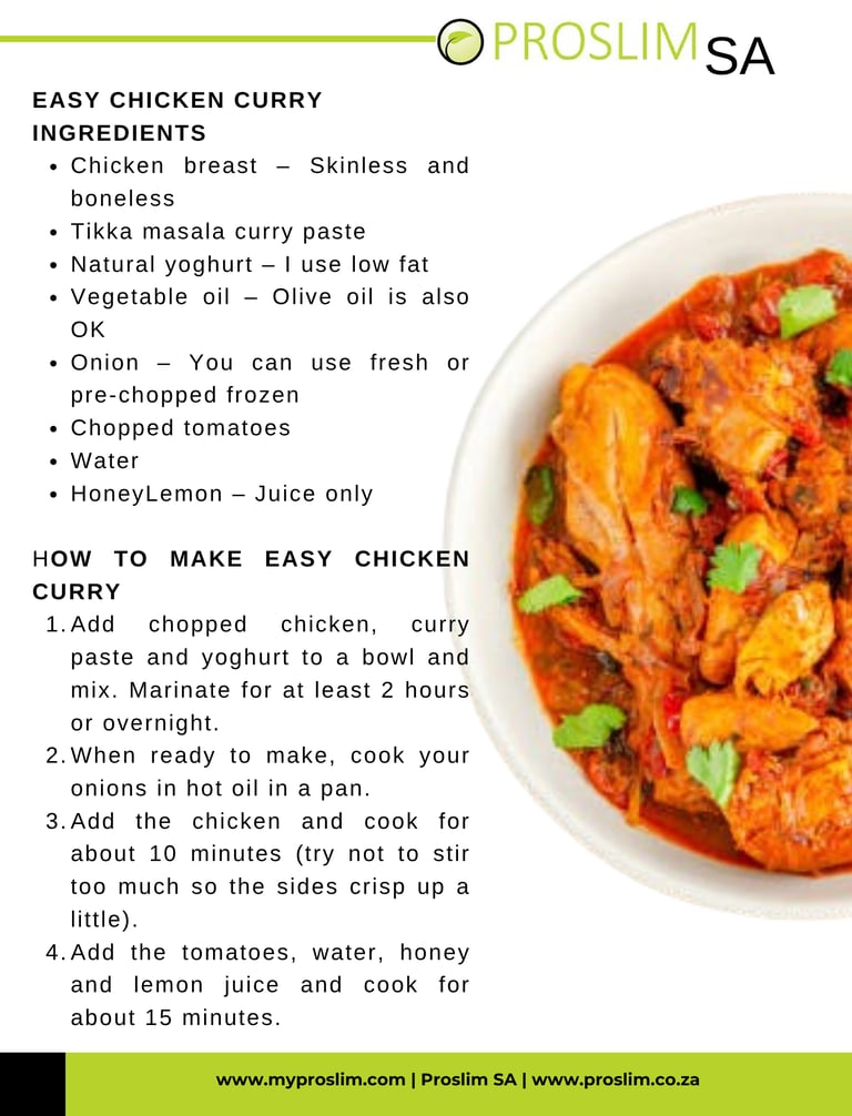 Recipe card for easy chicken curry with ingredients and instructions next to a bowl of spicy tomato-based chicken.