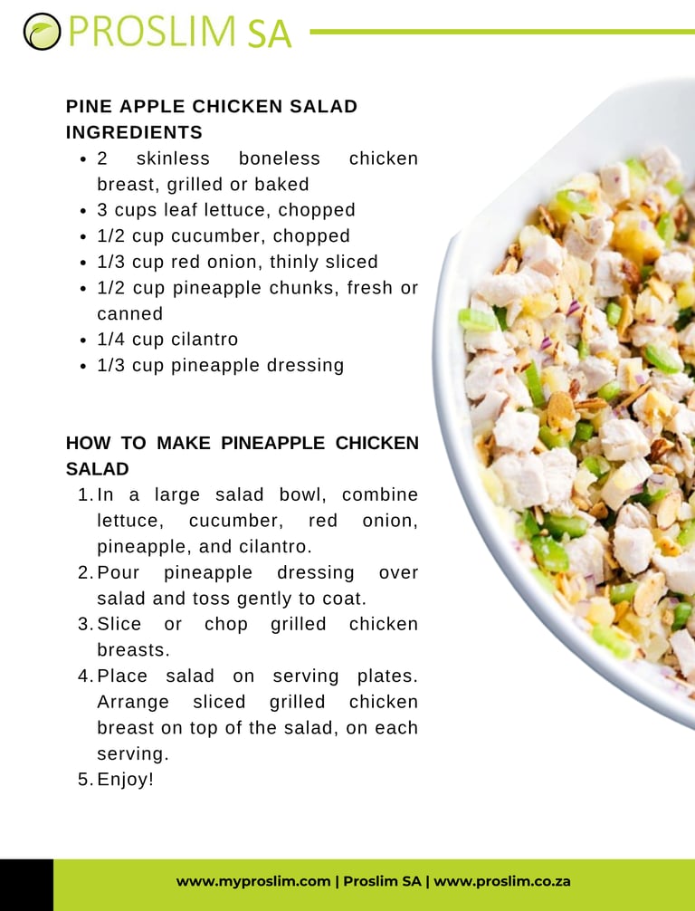 Pineapple chicken salad recipe with list of healthy ingredients and cooking instructions.
