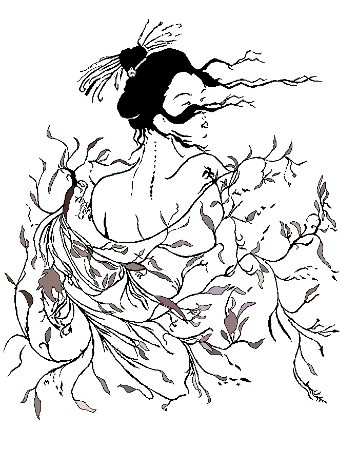 Ilustración oriental que representa a La Hija del Gran Rio del Cielo, de Óscar Ocaña Parrón. Tinta china sobre lienzo