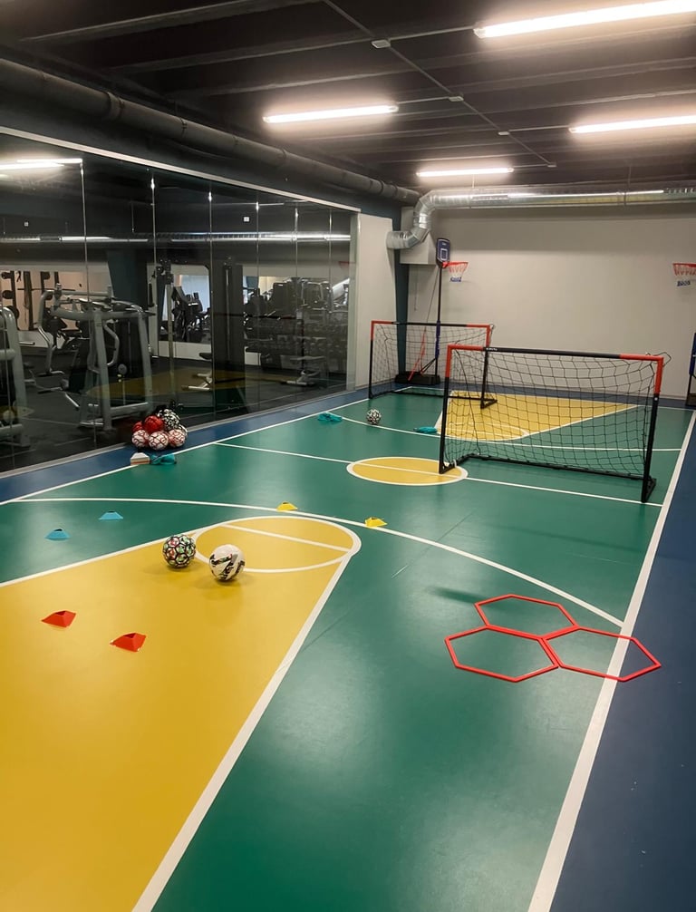Area multisport della palestra Move 2 Grow a Milano con campo colorato, porte da calcio, palloni e attrezzature per allenamen