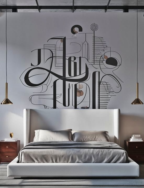 a bedroom with a bed and a wall mural